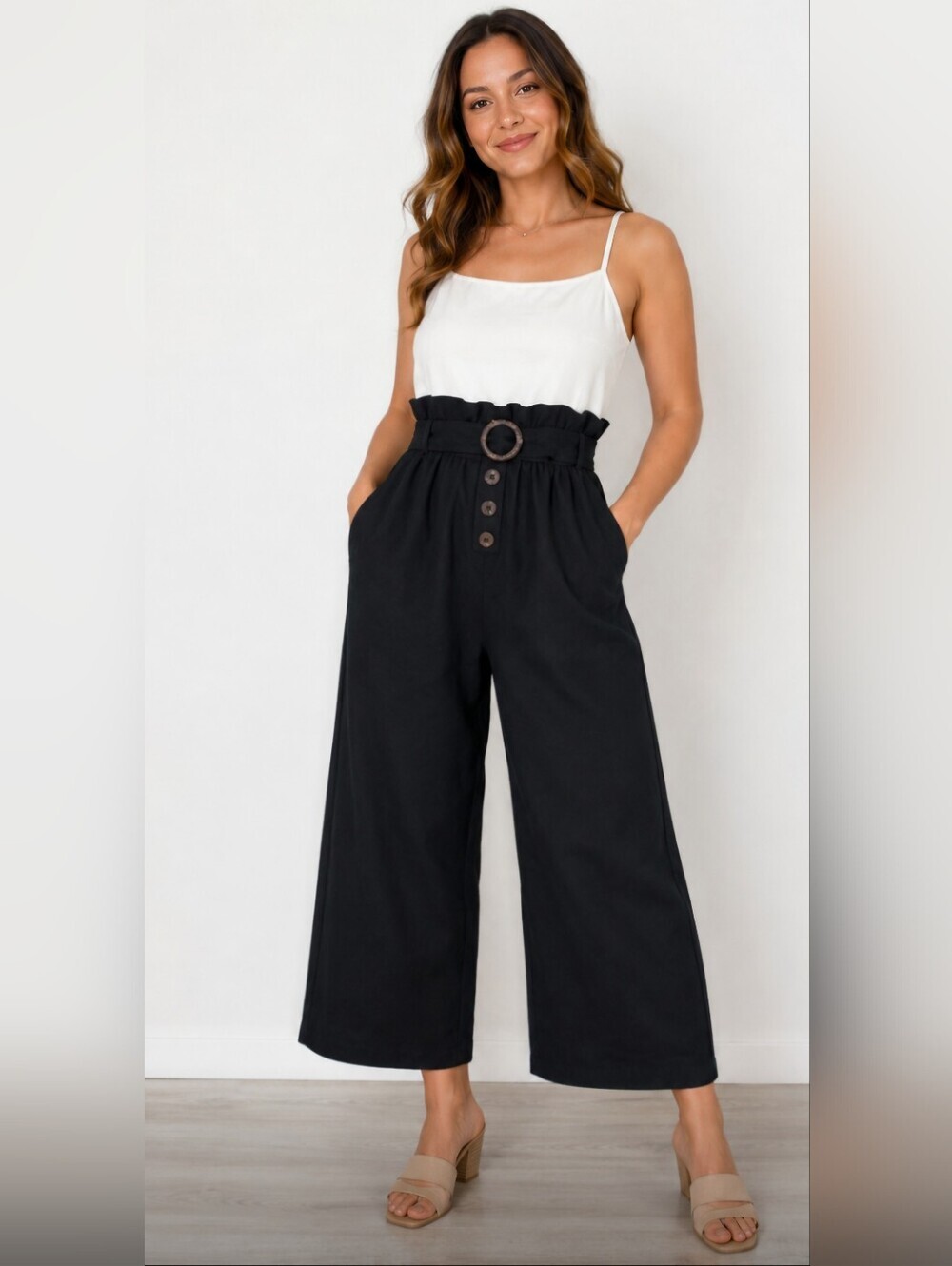 Blush Black High-Waist Paperbag Wide-Leg Pants